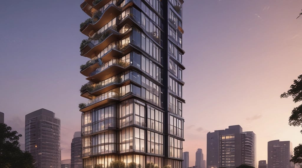 A luxurious multi-story residential building with ,The architecture is elegant with arched windows and a light color palette.