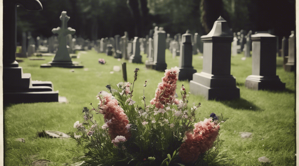 a cemetery cemetery with flowers in the grass