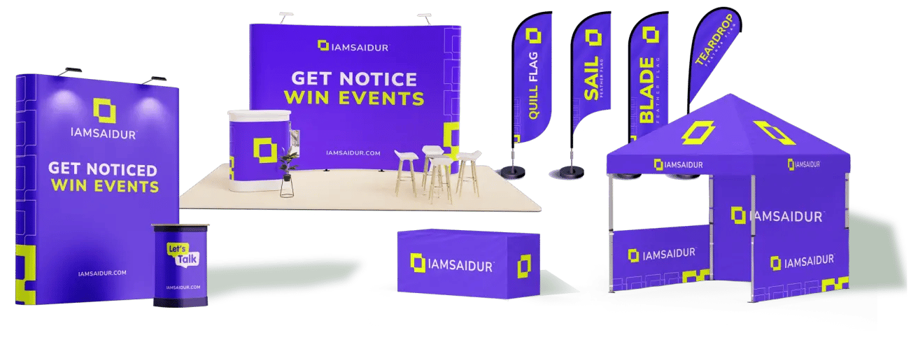 a booth with a purple and white banner