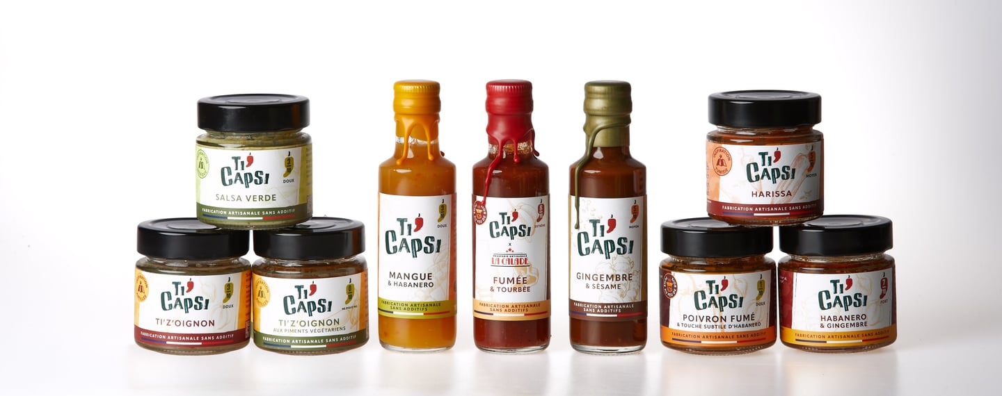 Étiquettes personnalisées pour sauces et tartinables Ti' Capsi, par Marion Guizzardi, directrice artistique, Montpellier
