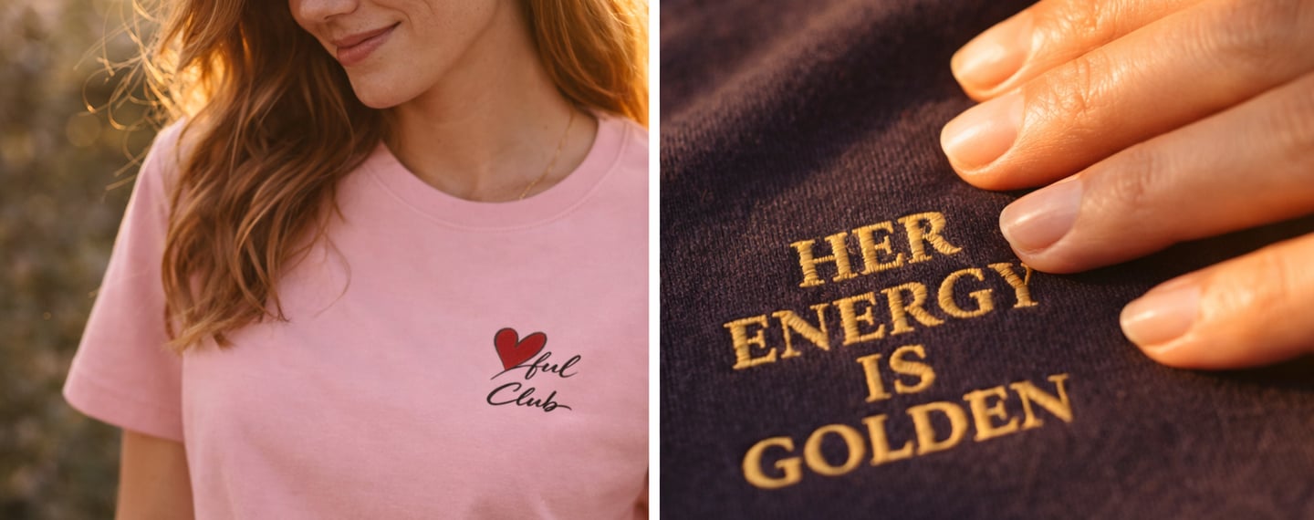 Frau trägt rosa Statement T-Shirt mit Herz-Stickerei „Soul Club“ und Detailaufnahme 