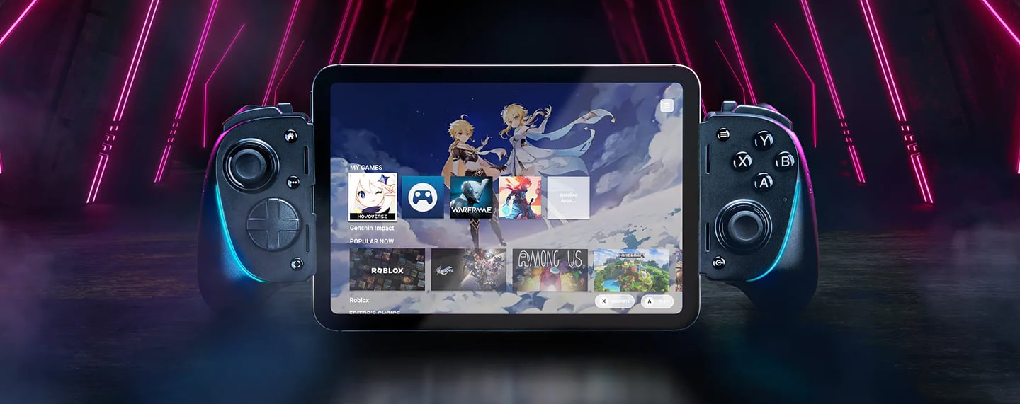 Jugador usando mando USB-C en smartphone con juego de acción; soporte para cloud gaming y carga pass
