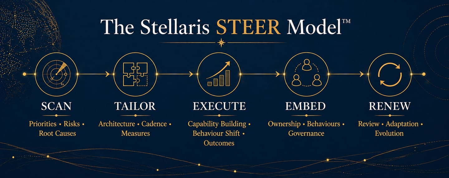 The Stellaris STEER Model diagram showing the business stages: Scan, Tailor, Execute, Embed, and Renew.