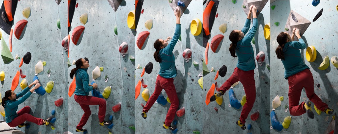 a woman doing dynamic movement on a climbing wall