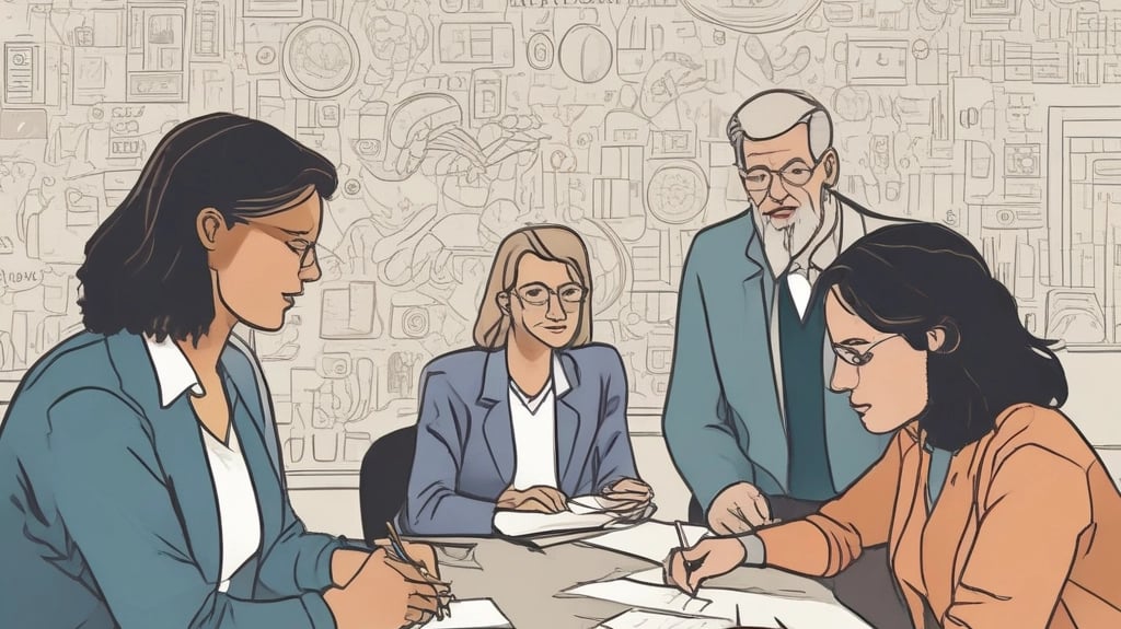 A group of diverse Latin American professionals collaborating in a warm, inviting office space.