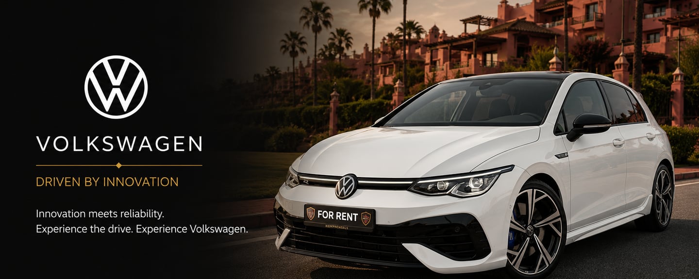 White Volkswagen Golf car for rent parked in front of a luxury resort with palm trees at sunset.