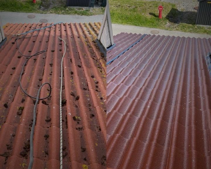 Før og etter bilde av takvask