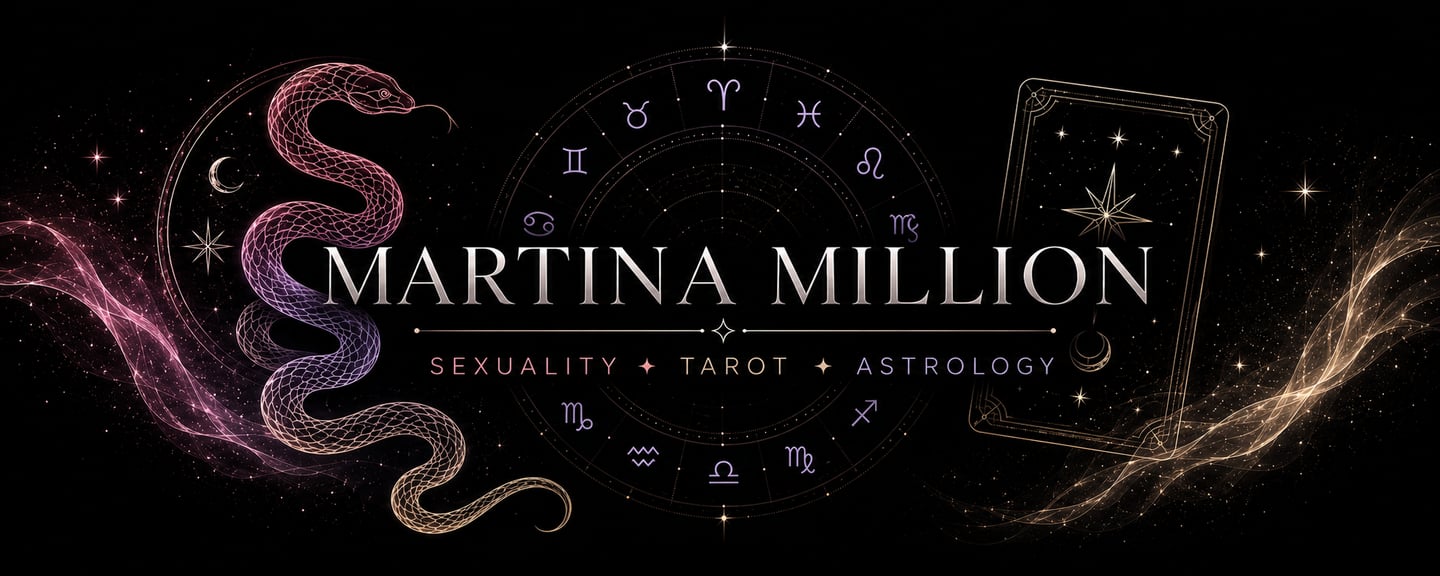 Martina Million logo with snake, tarot card, and astrology zodiac wheel on a cosmic black background.