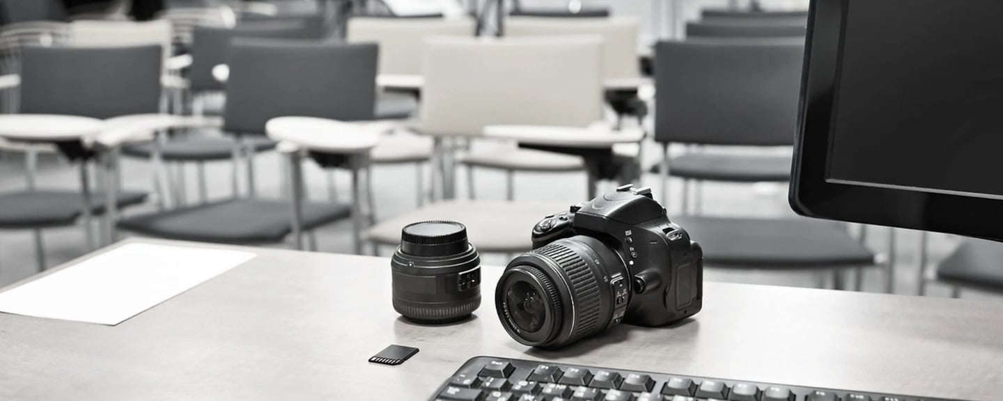 Art Photography Academy classroom setup with camera gear and learning materials.