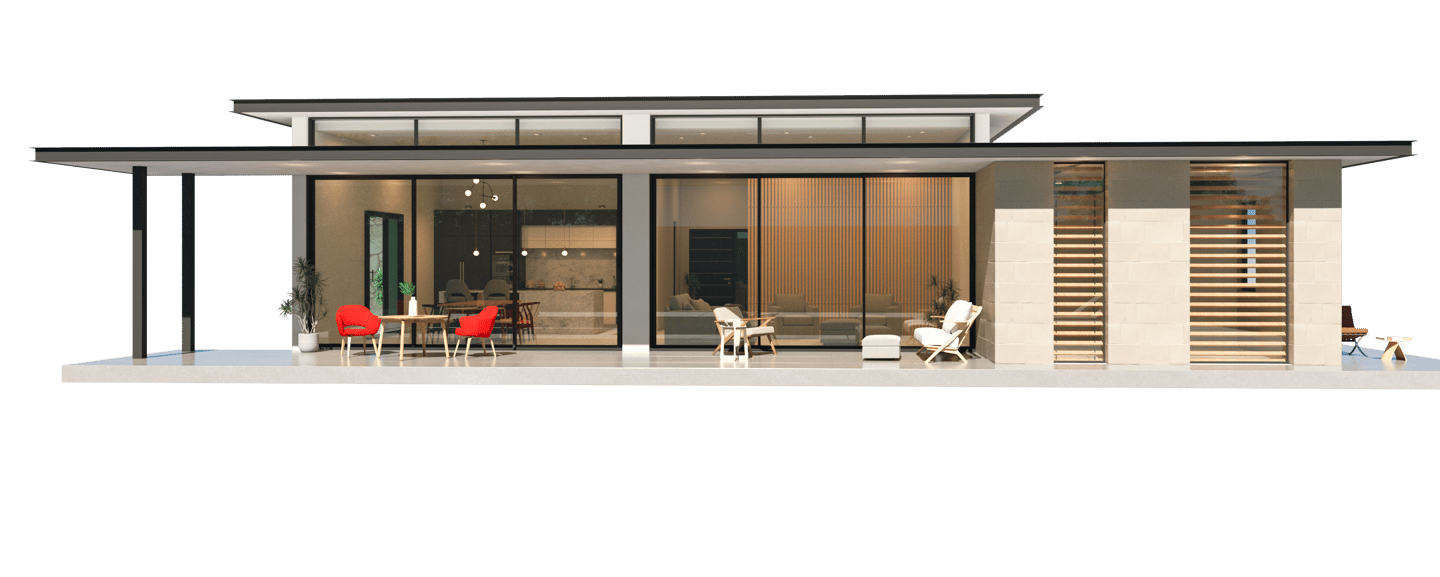 Une maison avec une grande porte en verre et un espace patio