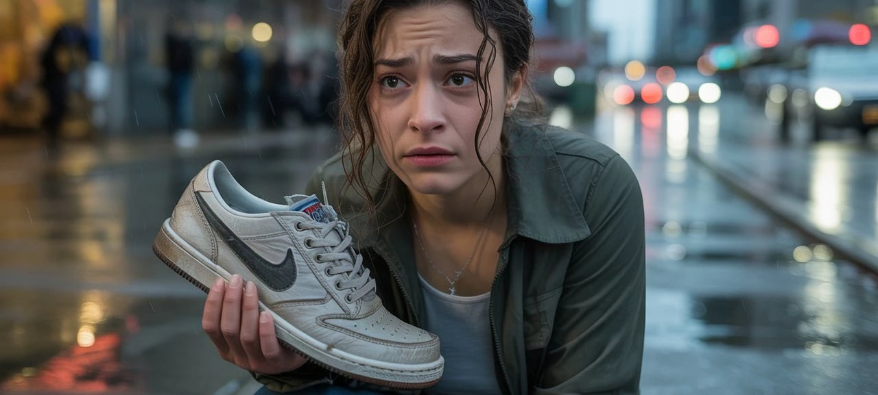 A girl holding old Nike shoe thinking about Nike shoe warranty claim process