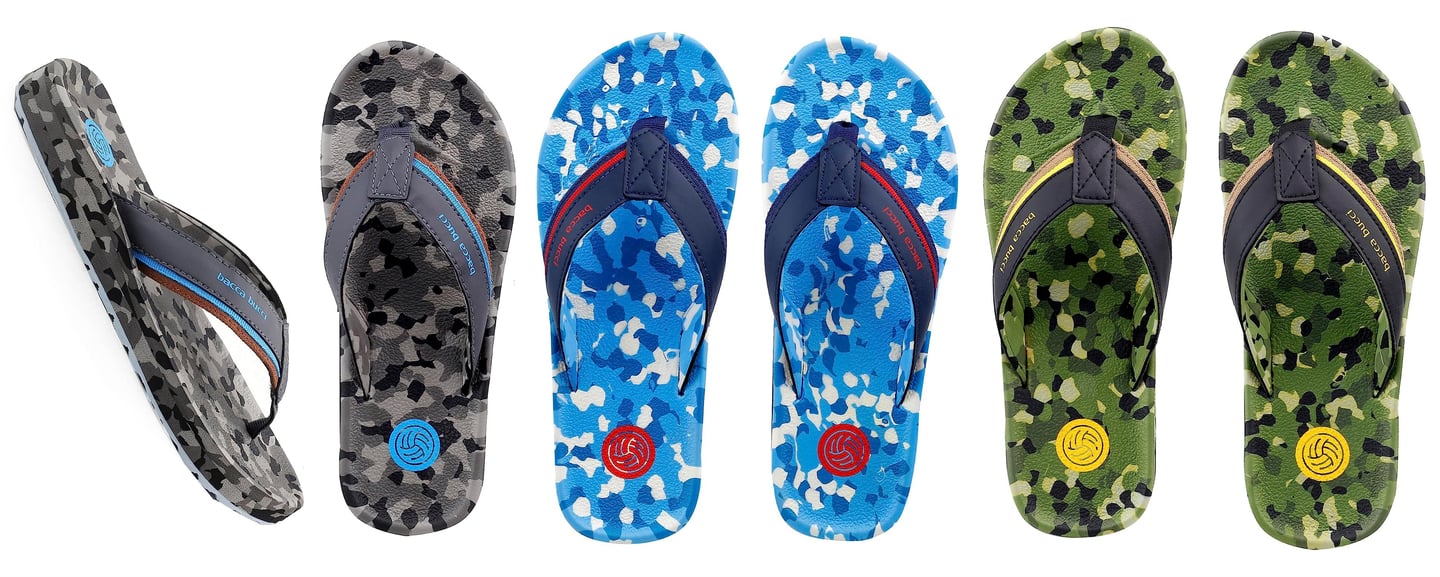 a row of three pairs of flip flop flop 