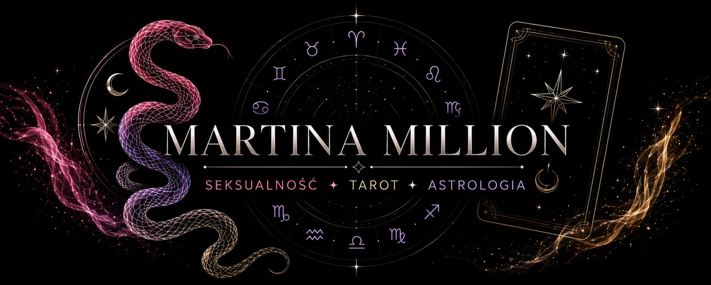Mystical banner for Martina Million featuring a neon snake, zodiac wheel, and tarot card for astrology services.