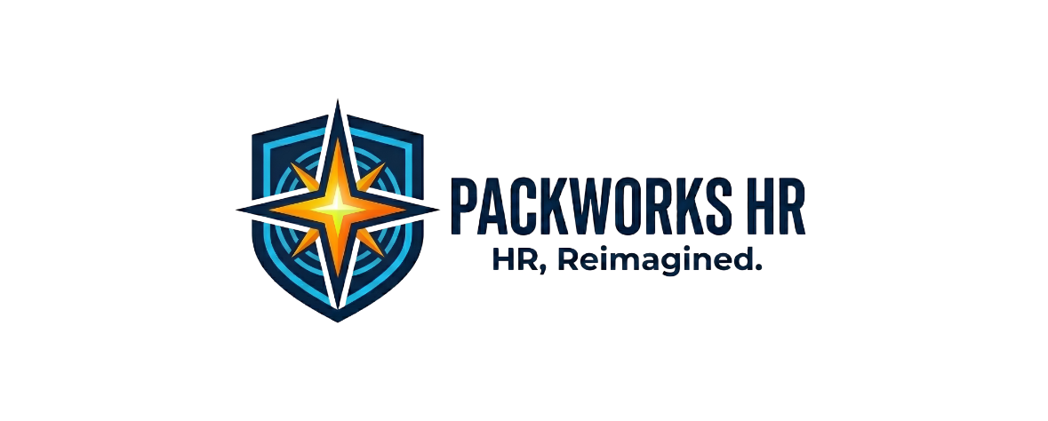 PackWorks HR primary logo — shield and compass star emblem with the text "PACKWORKS HR" and tagline "HR, Reimagined."