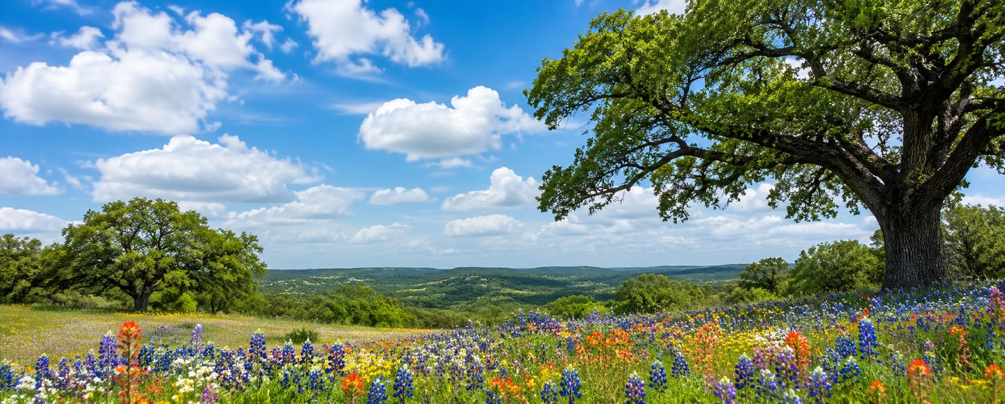 Beautiful Oak tress and wild flowers