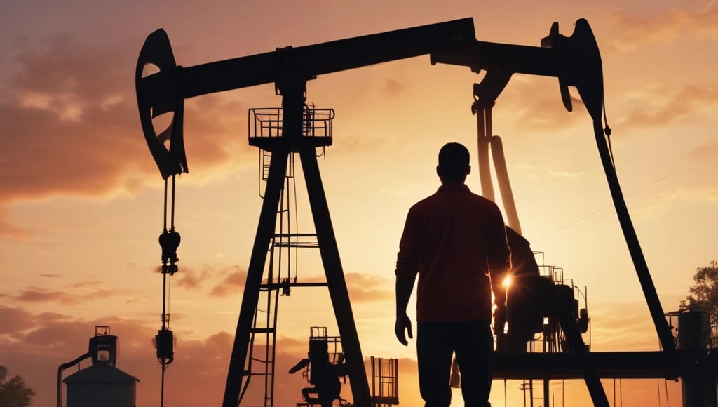 a man and a woman standing in front of a oil pump