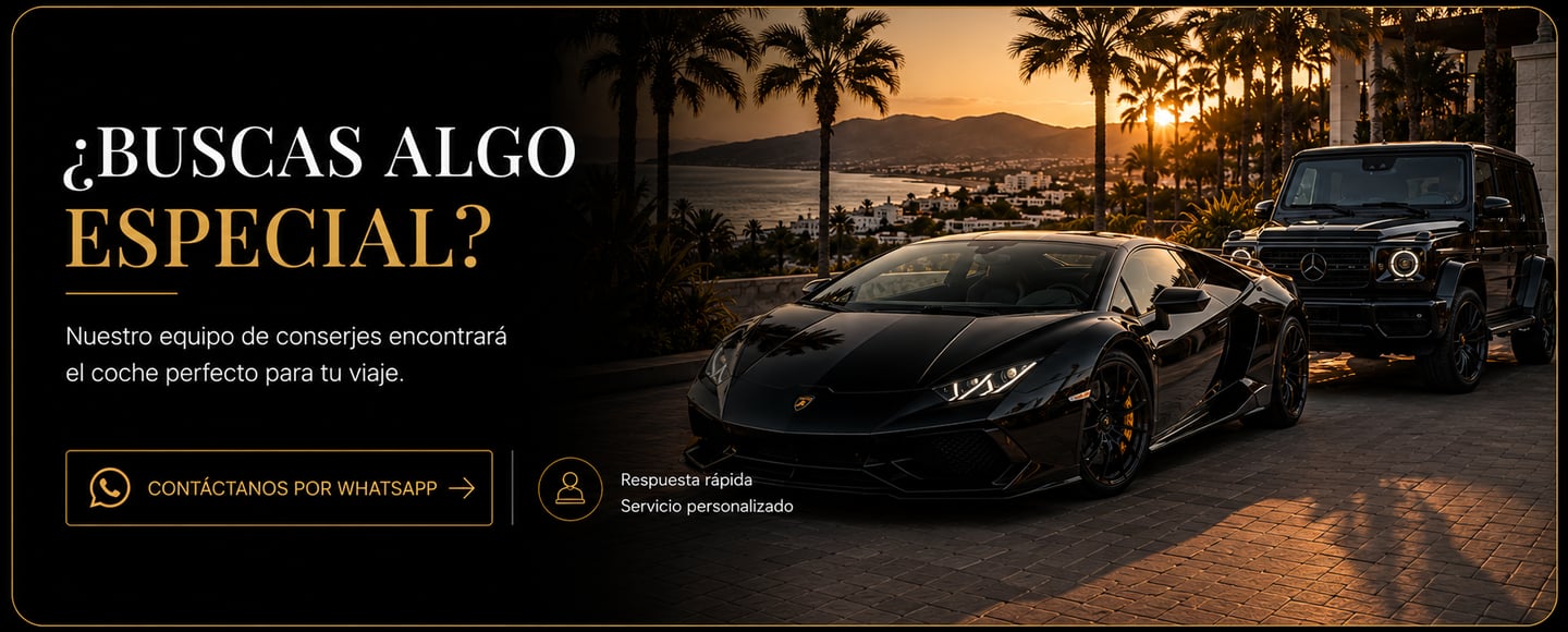 Luxury car rental banner featuring a black Lamborghini and Mercedes G-Wagon at sunset in a tropical resort.