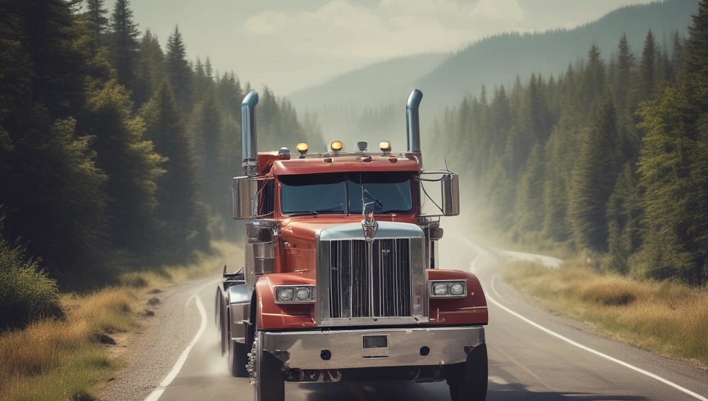 a truck driving down a road with a truck behind it