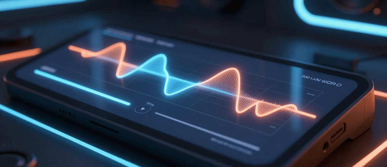 Modern audio player interface with glowing neon blue and orange waveforms, dark background, clean UI, glassmorphism elements.