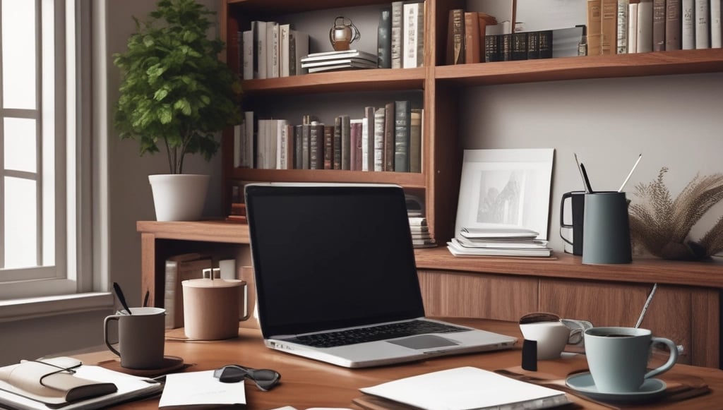 A calm, minimalist workspace with a laptop, notebook, and a cup of coffee, symbolizing thoughtful communication.