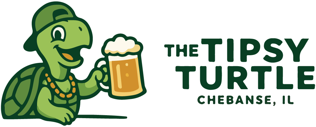 The Tipsy Turtle bar logo featuring a cartoon turtle holding a beer mug in Chebanse, IL.