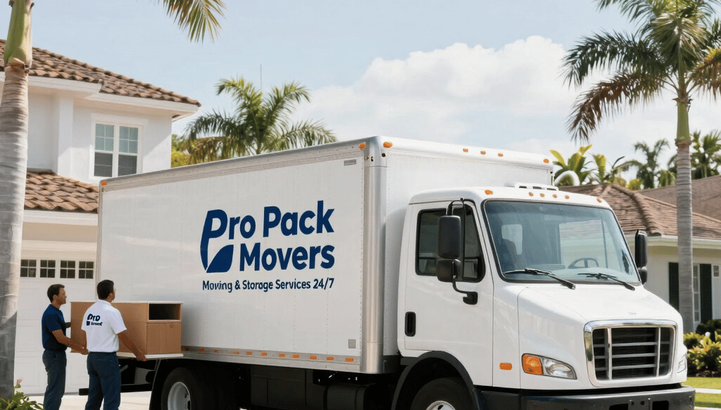 Professional movers carefully loading furniture into a moving truck on a sunny day in Delray Beach.