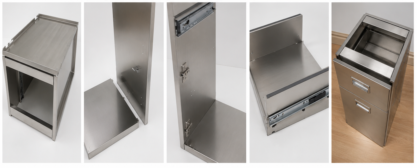 Stainless steel cabinet construction details with body panels, hardware, drawer slides, and drawer c