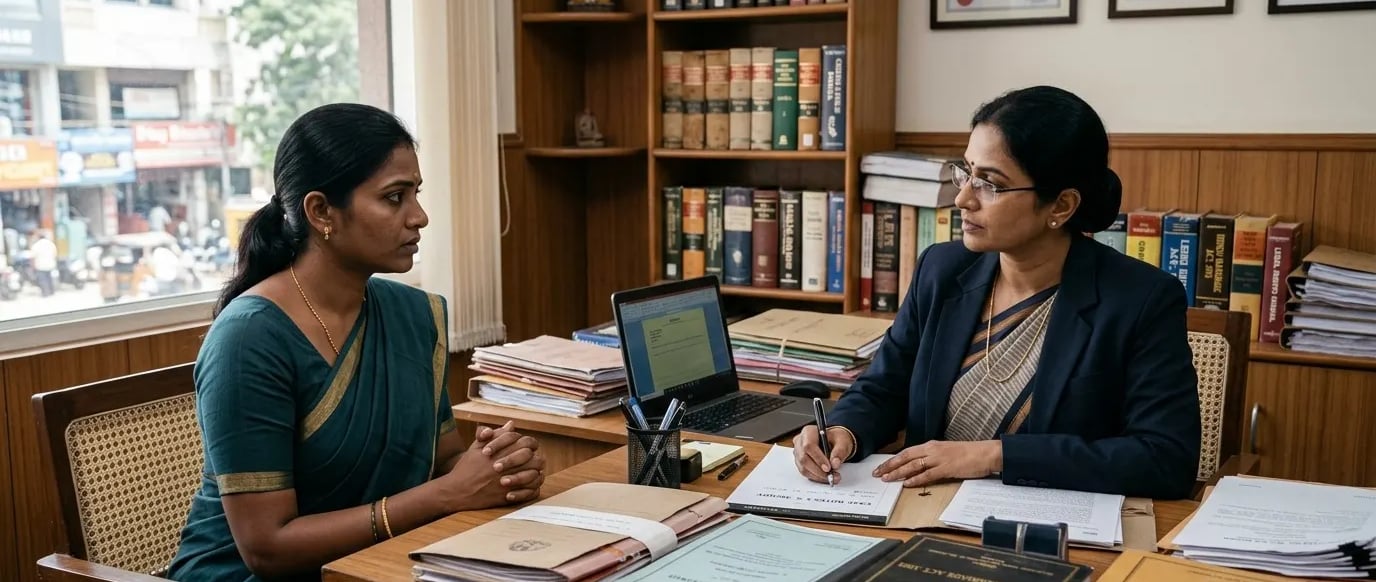 Best women lawyer in Chennai consulting female client on family law and legal rights in office