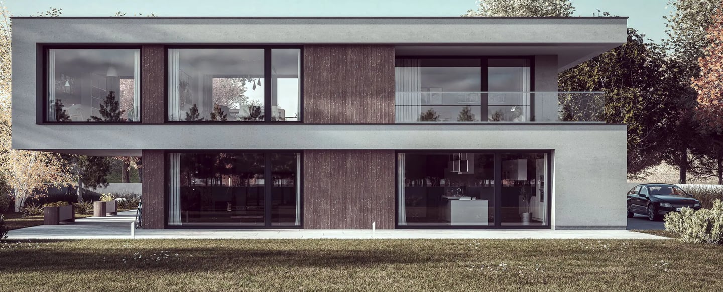 a house with a balcony and a car parked in front of it