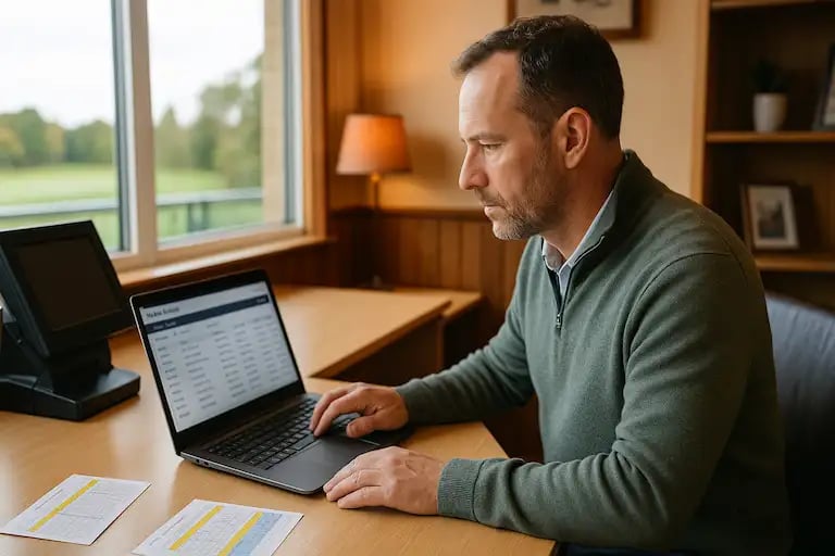 Golf club manager reviewing member bookings on a laptop in the clubhouse office