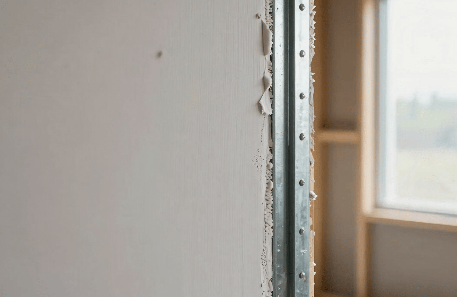 Environmental documentary shot inside a commercial drywall site — tightly framed detail of a clean sealed joint where two gypsum boards meet at a steel stud, joint compound applied in a smooth even layer, natural daylight from a window off-frame right, the surrounding framing visible and orderly in the background, no mess, tools resting naturally at the base of the wall