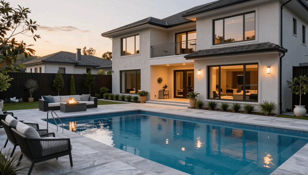 A beautifully finished stone patio with elegant outdoor seating surrounded by lush landscaping under warm sunlight.