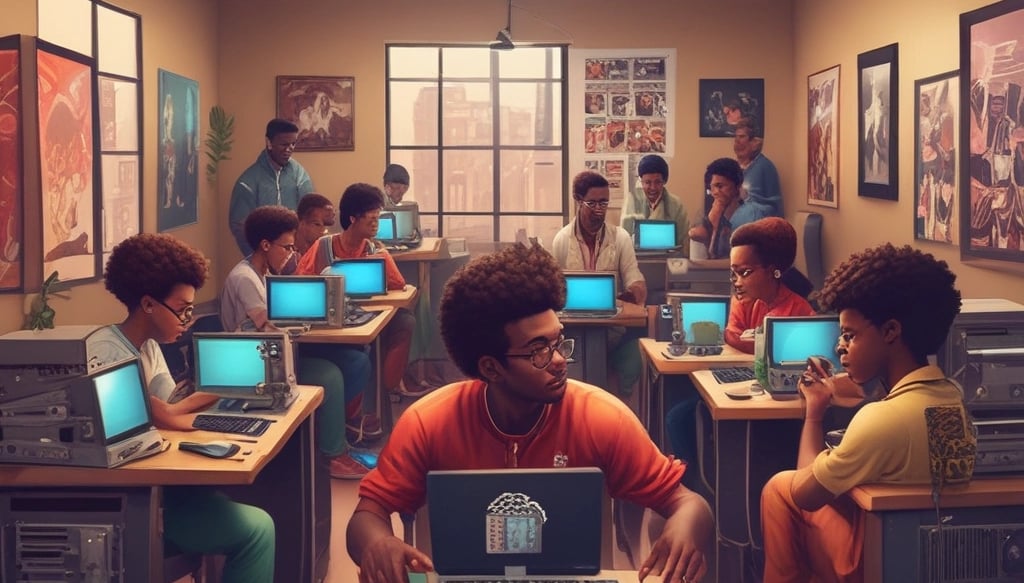 Several children are seated around a table, each using a tablet device with educational content displayed. An adult stands nearby observing the activity. The setting appears to be a classroom or learning environment, with the focus on digital learning.