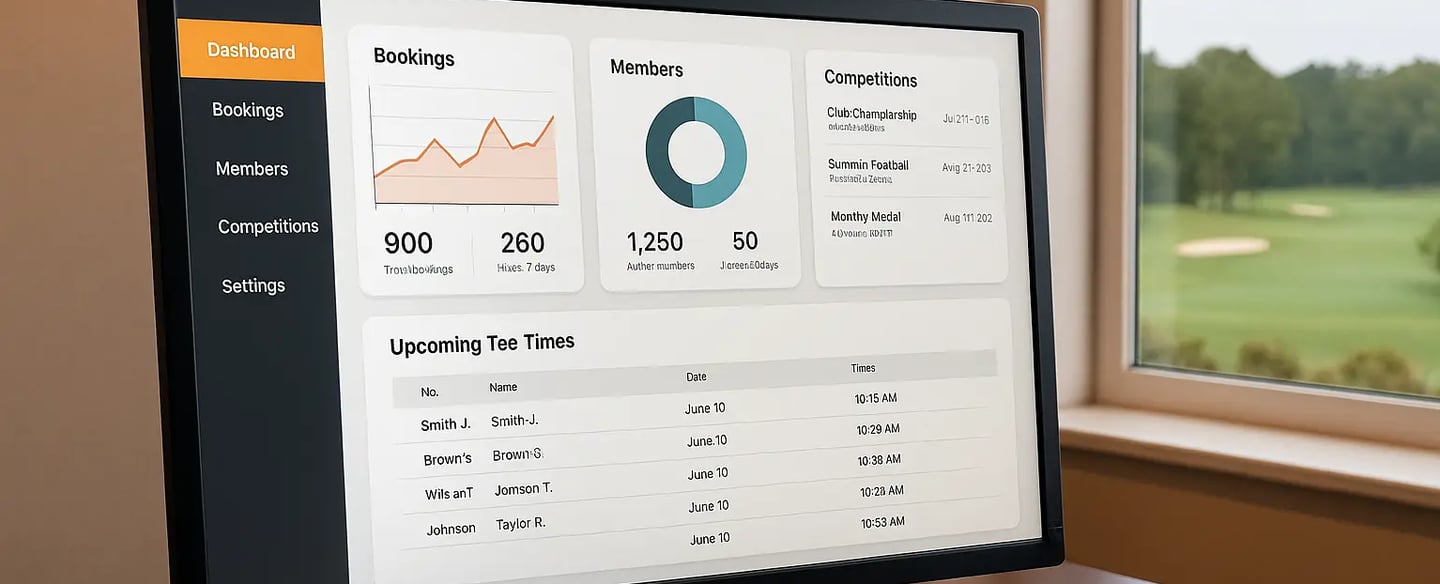 Golf club management dashboard displayed on a desktop monitor showing bookings, members, and competition stats
