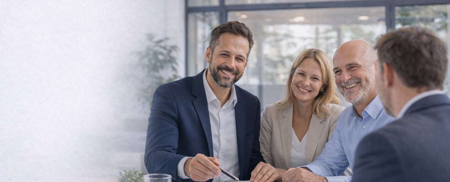 Smiling couple consulting with a professional financial advisor in a modern office setting.