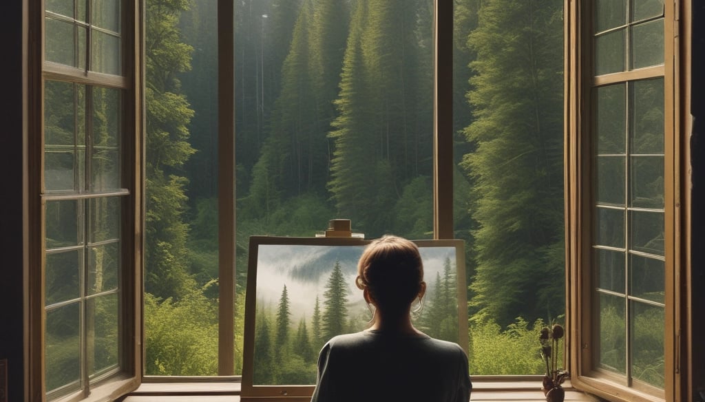 A cozy workspace with colorful clip art sketches and handburned hats hanging nearby.