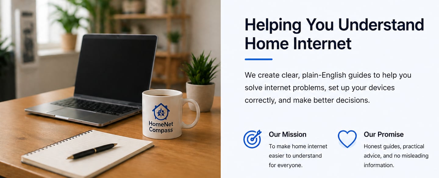 HomeNetCompass desk setup for writing home internet and Wi-Fi guides