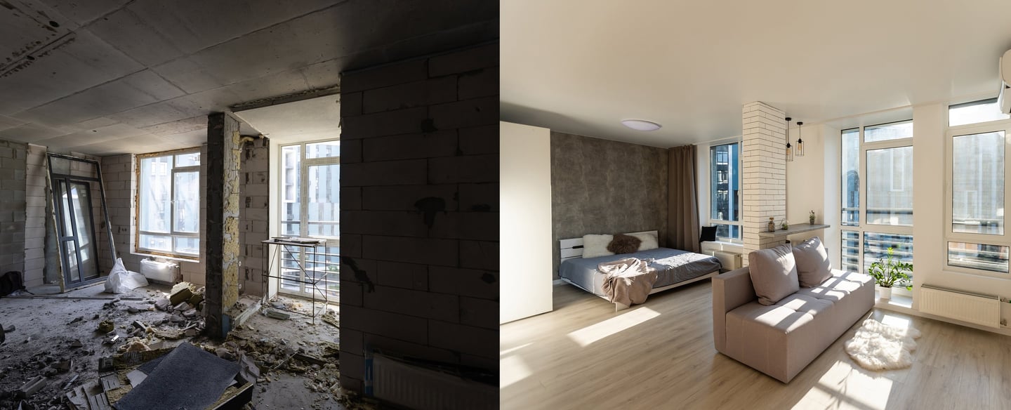 a room before being renovated and converted into a living room with a sofa and a bed