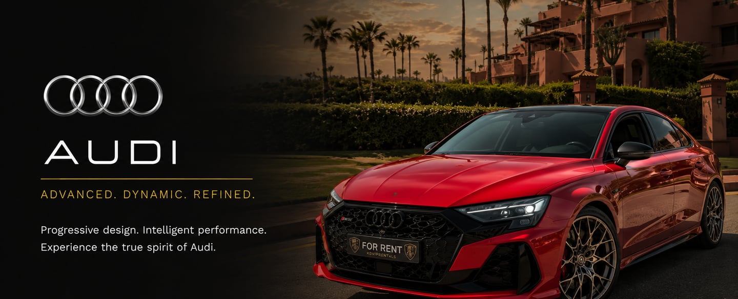 Red Audi RS3 luxury sedan for rent parked at a tropical resort with palm trees at sunset.