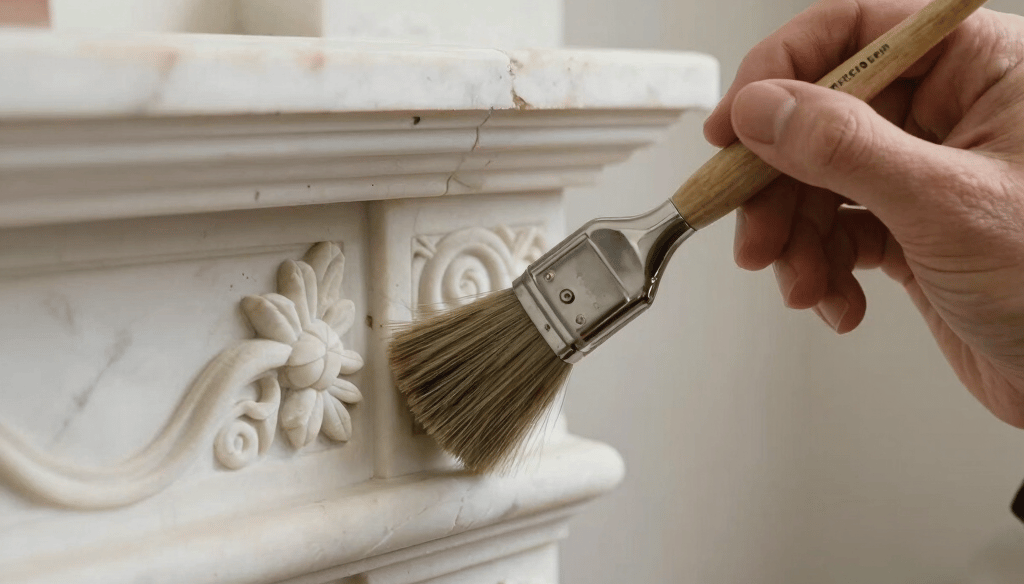 Close up of ornate marble fireplace being cleaned with a brush