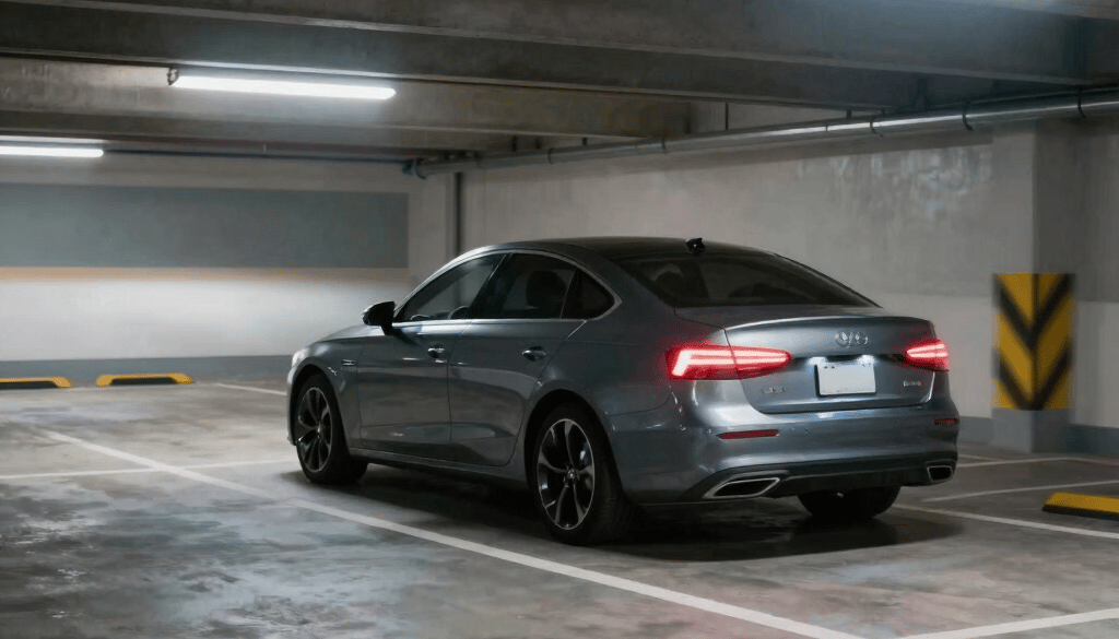 A sleek black luxury car parked at the entrance of an elegant hotel under soft evening lights.
