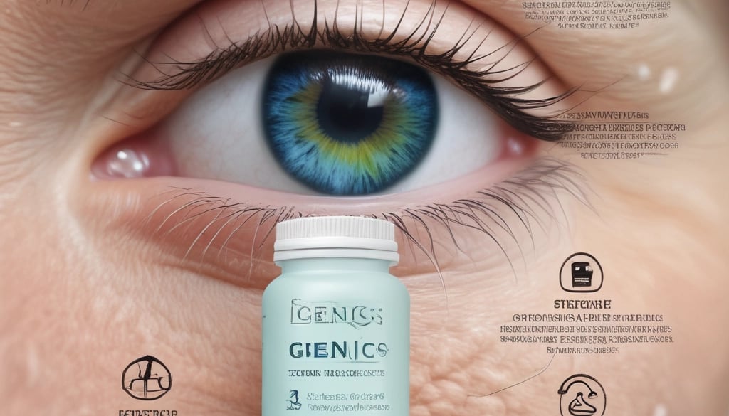 a woman's eye with a bottle of geranice