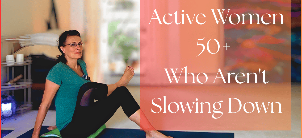 Why Slow Vinyasa? An active woman over 50 practicing yoga stretches on a mat for health and fitness.