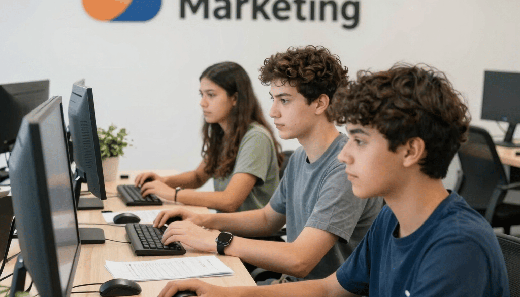 digital marketing agency, where 4 guys sitting & working in front of computer