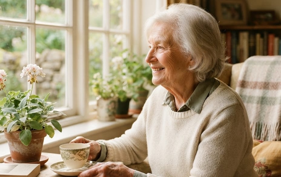 A warm, natural light environmental portrait of an elderly person smiling gently, looking out a window in a cozy living room, soft morning light, rich cream tones, shallow depth of field