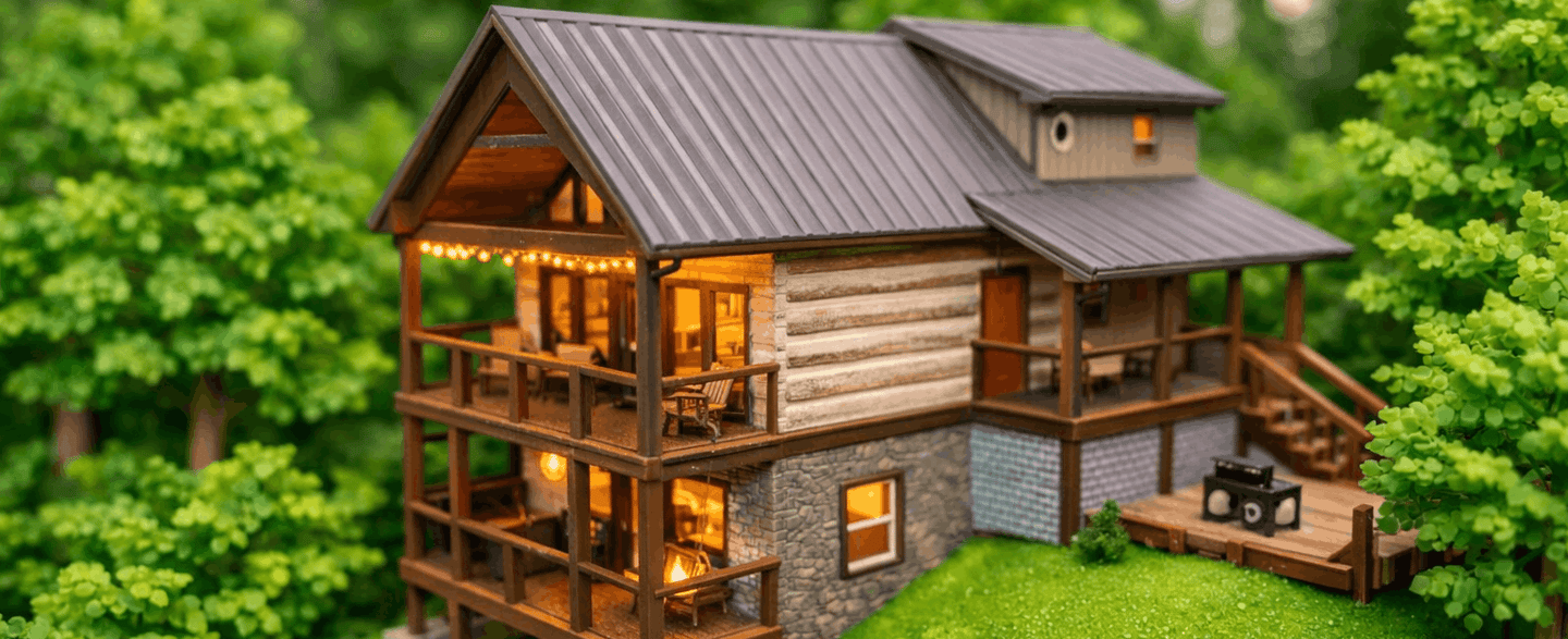 Anxy Bear Cabin, three-story hand-hewn log cabin with red door and multi-level decks at dusk, Gatlin