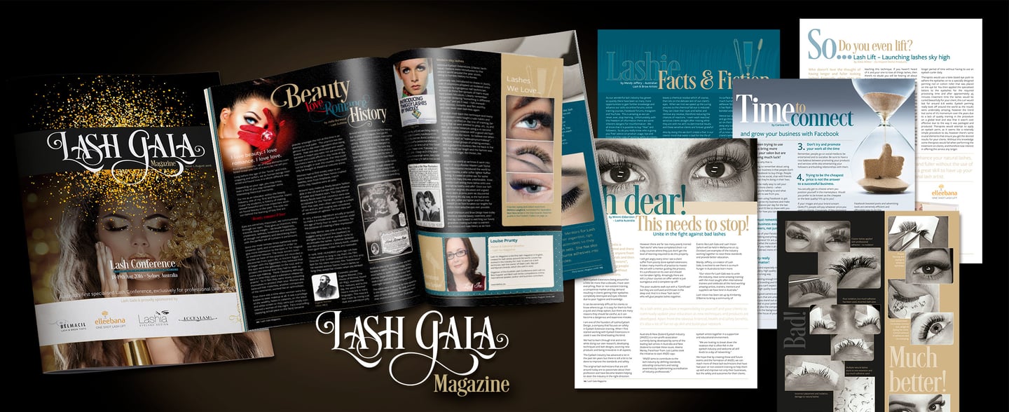 Lash Gala Magazine layout with sample pages and cover design