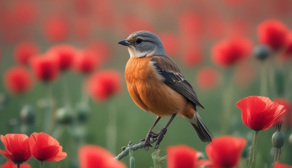 Petit oiseau dans champ de coquelicot