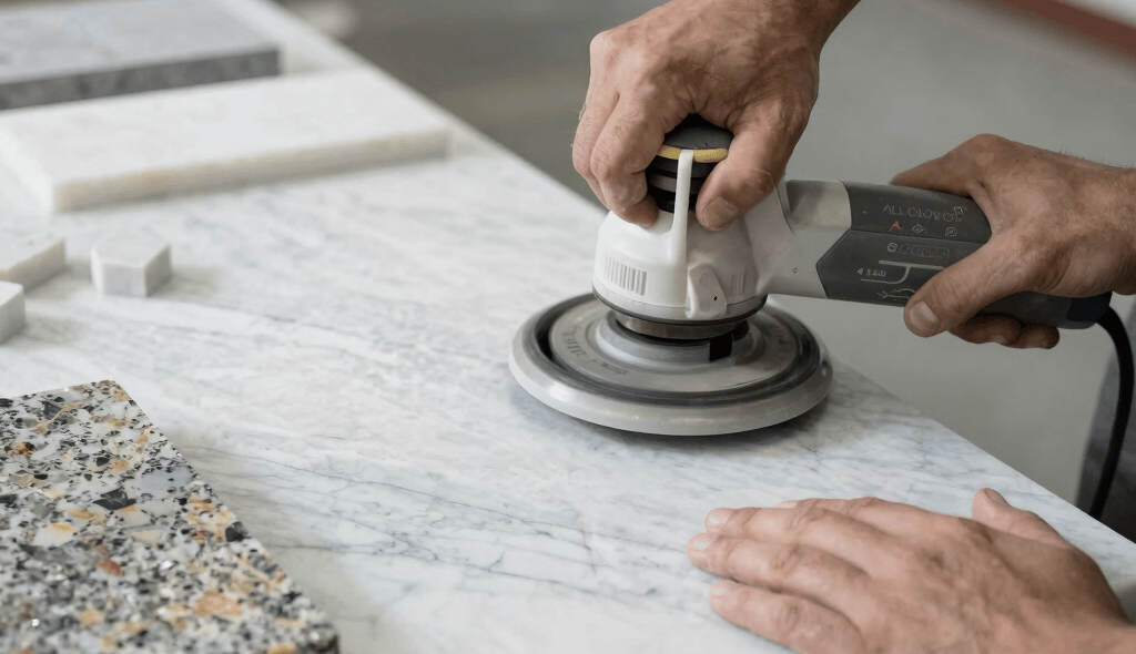 Artisan carefully shaping a marble slab in a modern workshop.