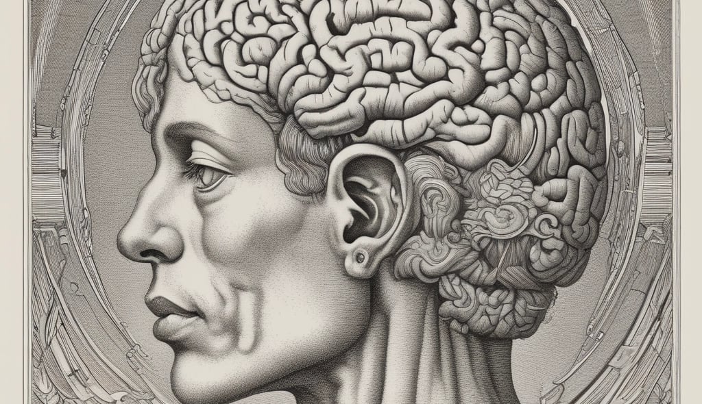 a drawing of a human head with a brain map of the brain